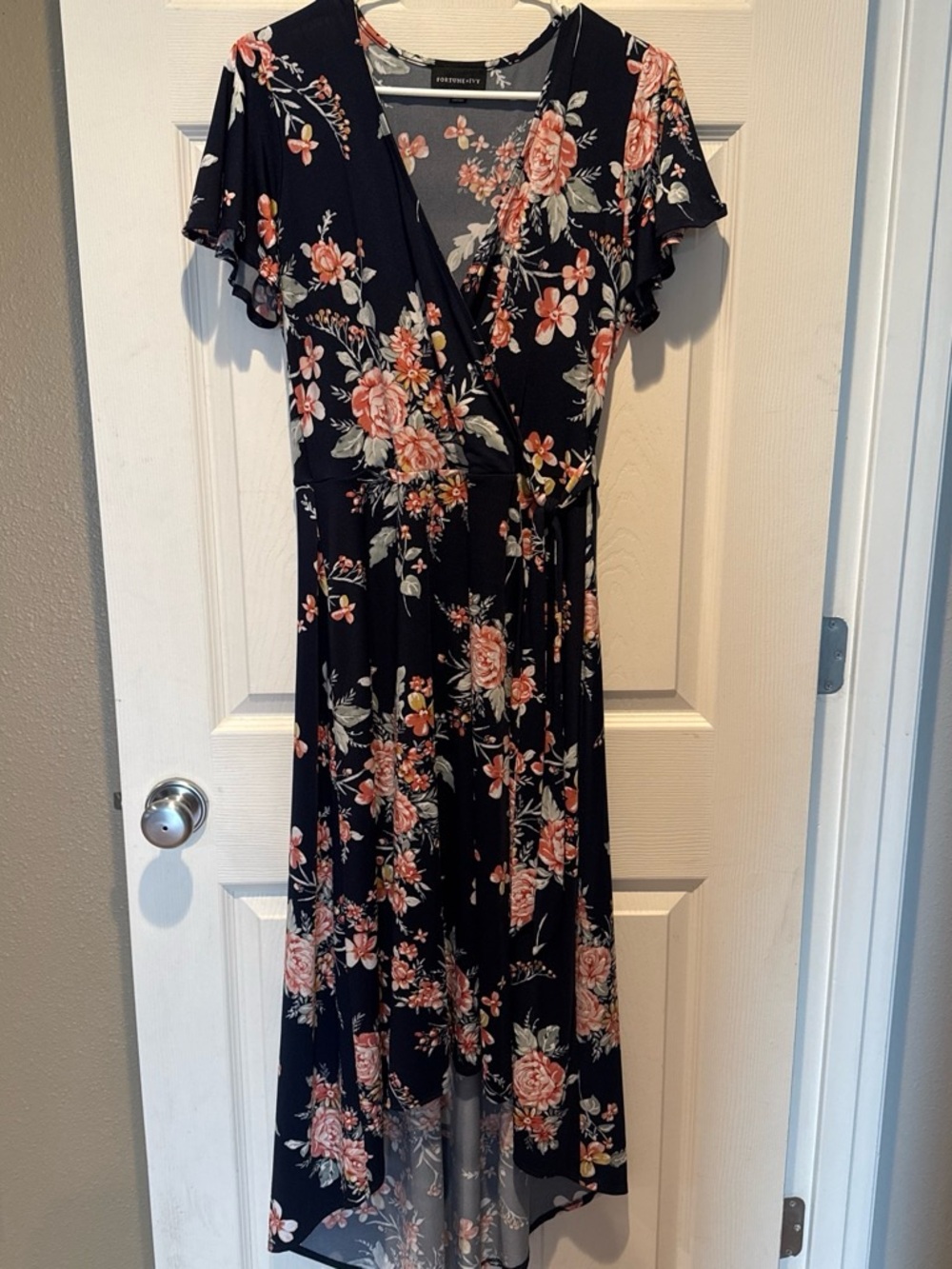 Forever 21 Black Floral Wrap Midi Dress with Pink Roses
